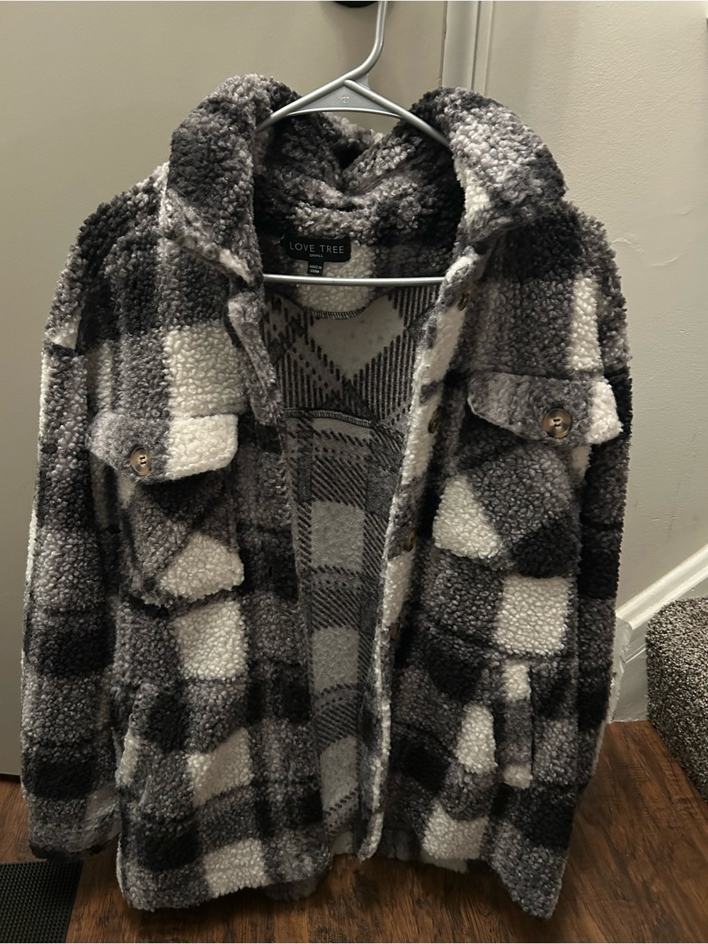Love Tree Black & White Plaid Sherpa Shacket